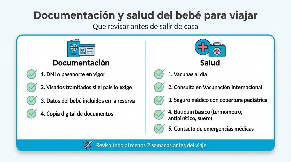 Checklist visual con la documentación y aspectos de salud que necesita un bebé para viajar