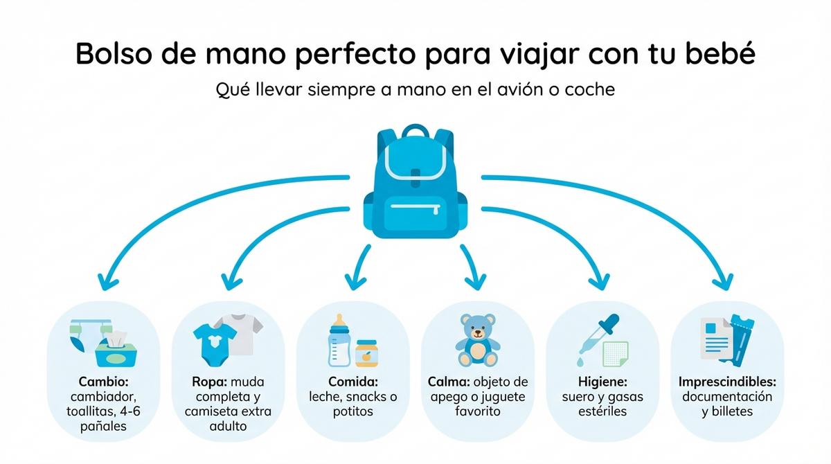 Diagrama con los elementos esenciales que debe incluir el bolso de mano al viajar con un bebé