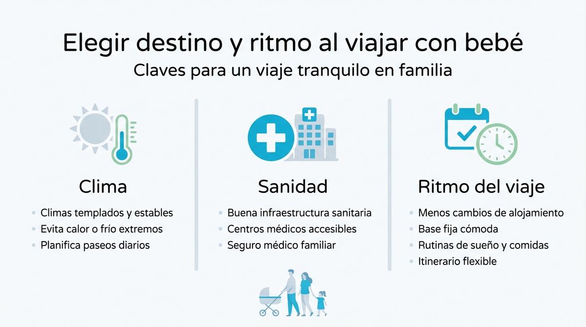 Infografía con consejos sobre elección de destino y ritmo de viaje al viajar con un bebé