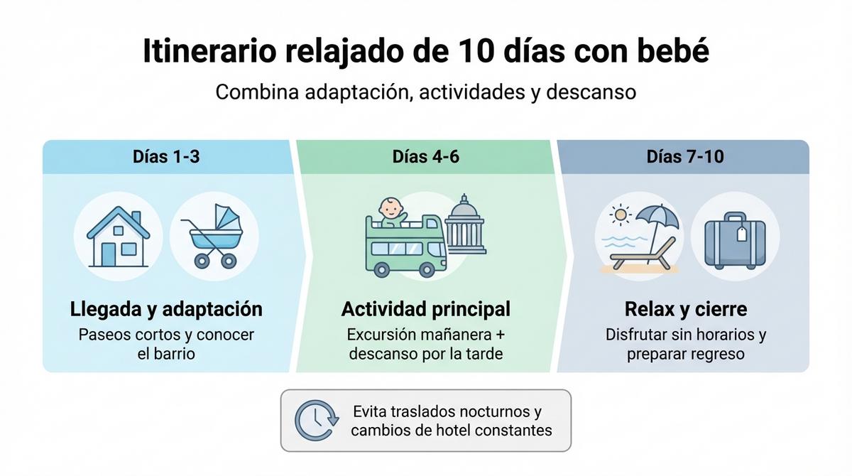 Infografía con un ejemplo de itinerario relajado de 10 días para viajar con un bebé