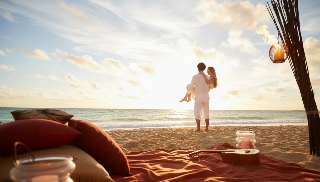 Pareja caminando en una playa privada al atardecer con aguas turquesa