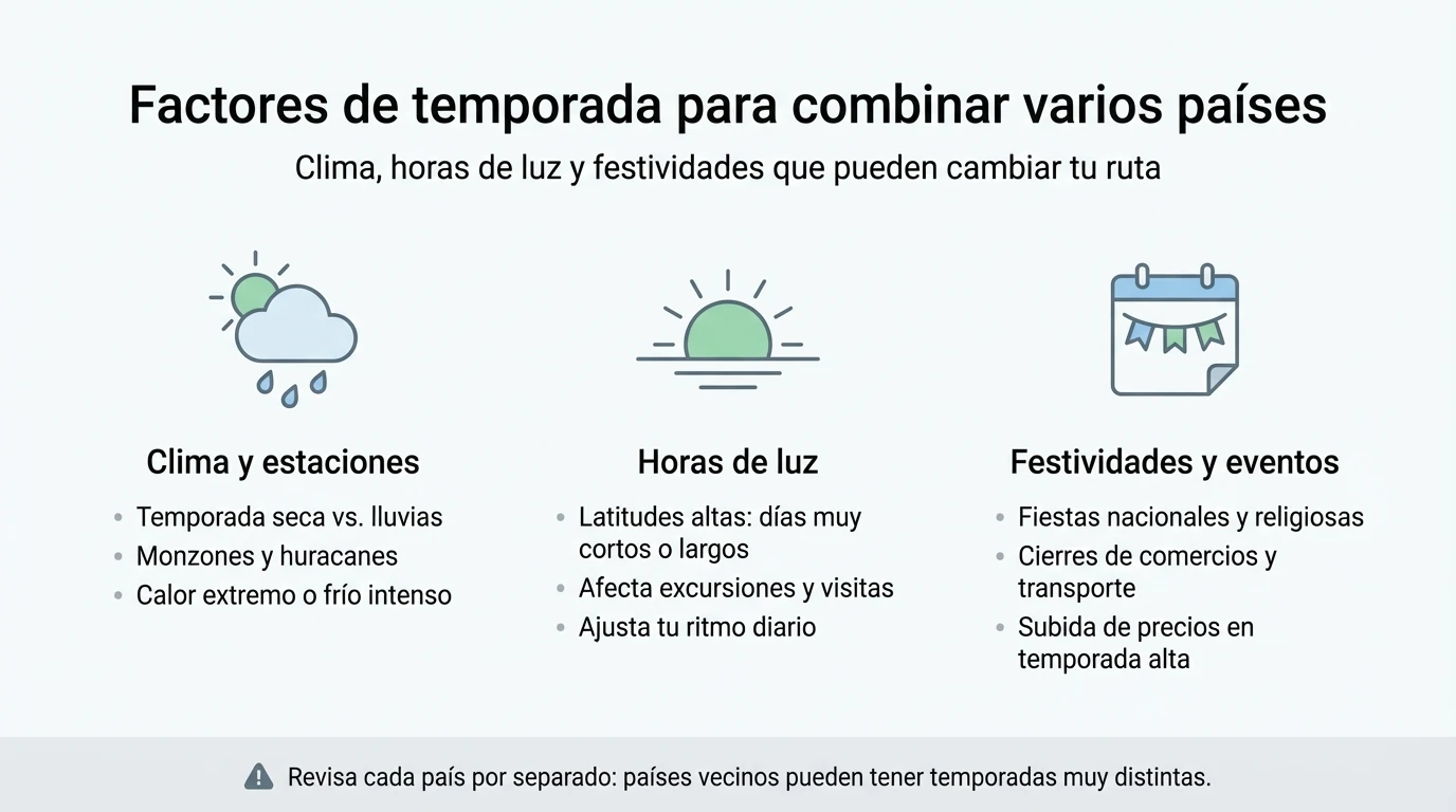 Infografía con tres columnas que resumen clima, horas de luz y festividades al planificar un viaje multipaís según la temporada.