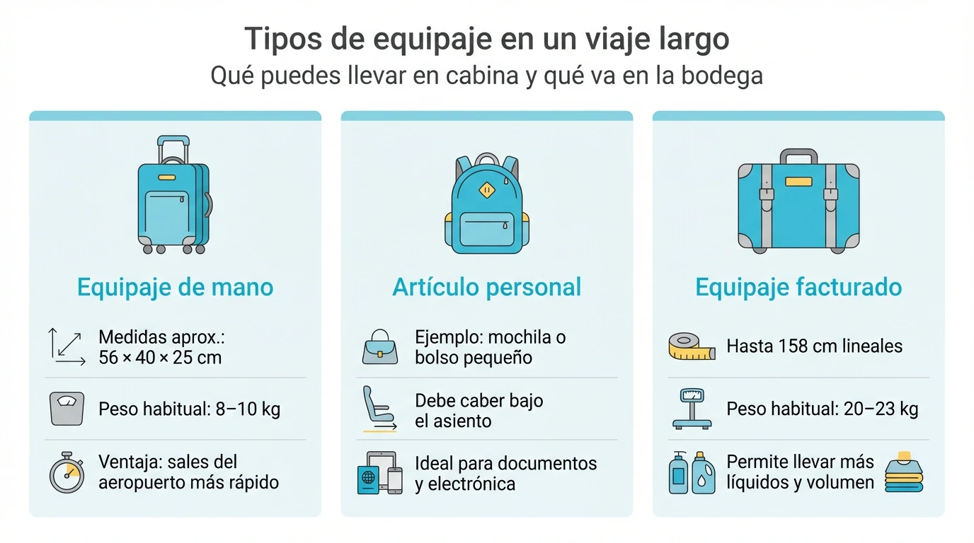Cómo preparar la maleta para un viaje largo sin facturar de más Infografía que compara equipaje de mano, artículo personal y equipaje facturado en un viaje largo