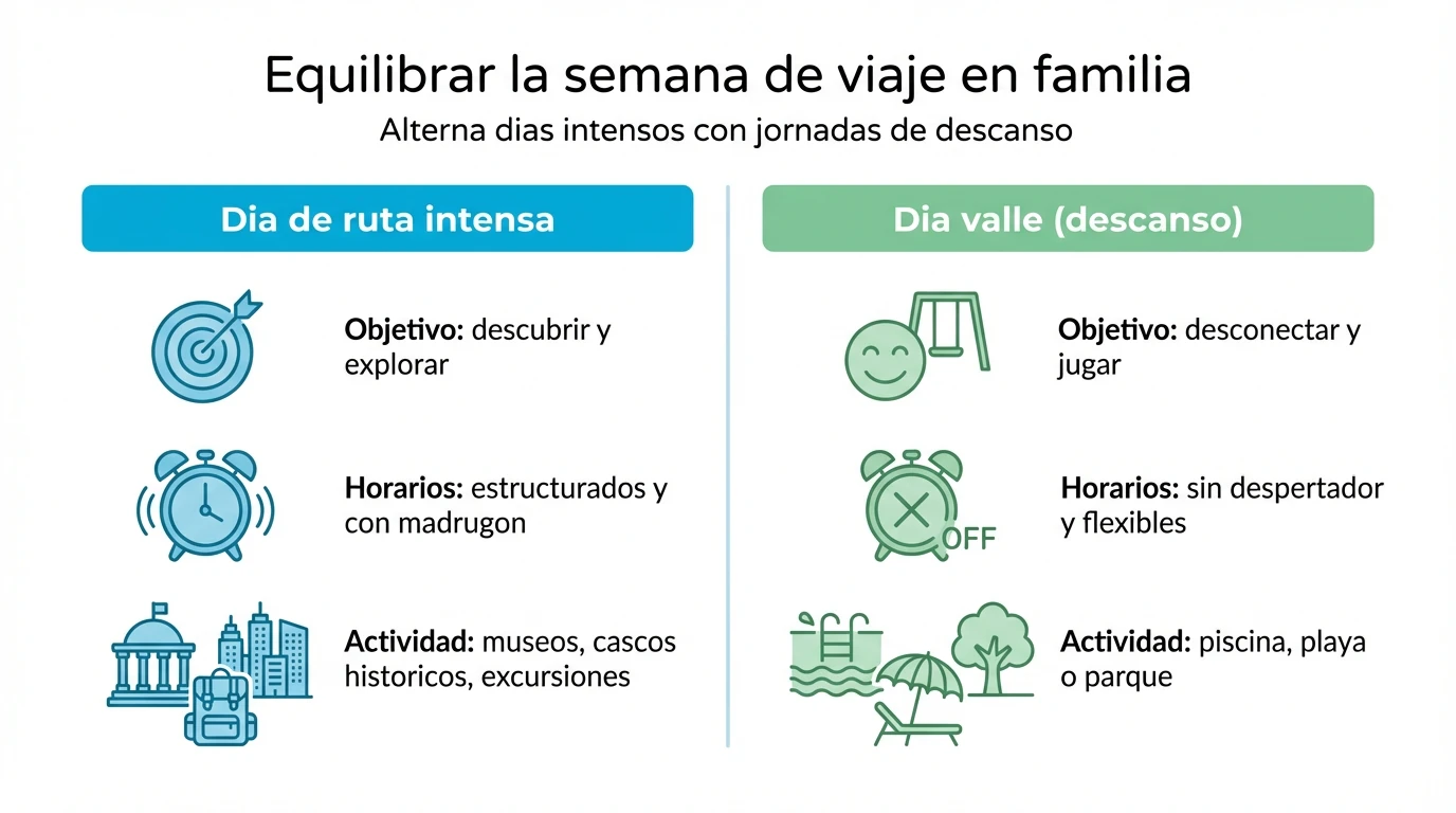 Diagrama comparativo entre un día de ruta intensa y un día de descanso en un viaje con niños.