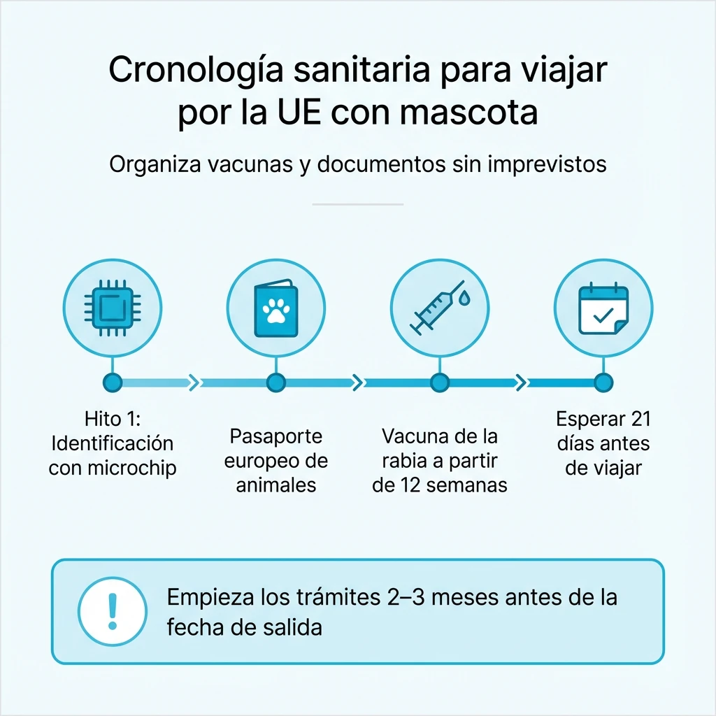 Diagrama con la línea de tiempo de los requisitos sanitarios básicos para viajar con mascota por la Unión Europea.