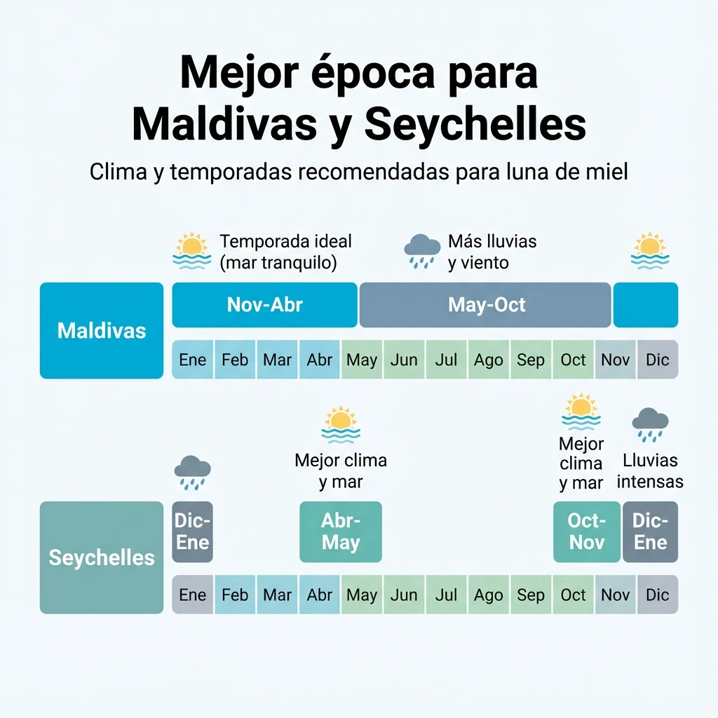 Diagrama estacional que muestra los meses recomendados y los de más lluvia para viajar a Maldivas y Seychelles.