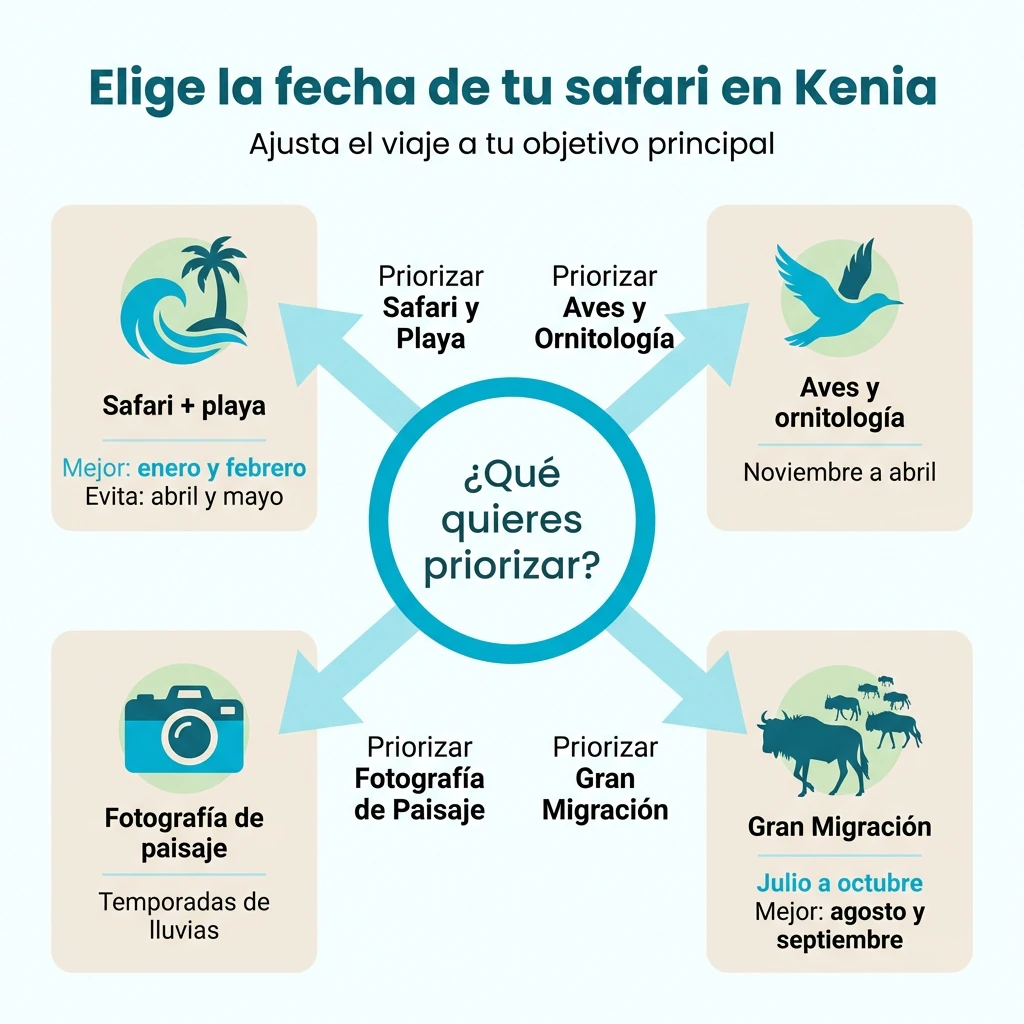 Diagrama que ayuda a elegir la fecha del safari en Kenia según el tipo de experiencia deseada