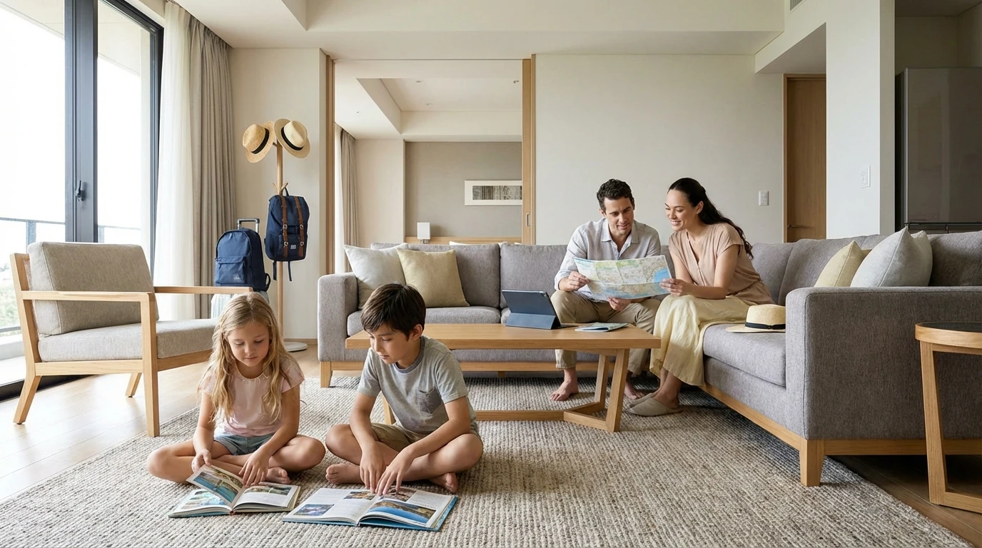 Familia descansando y organizando el día siguiente en un apartamento turístico amplio con niños.