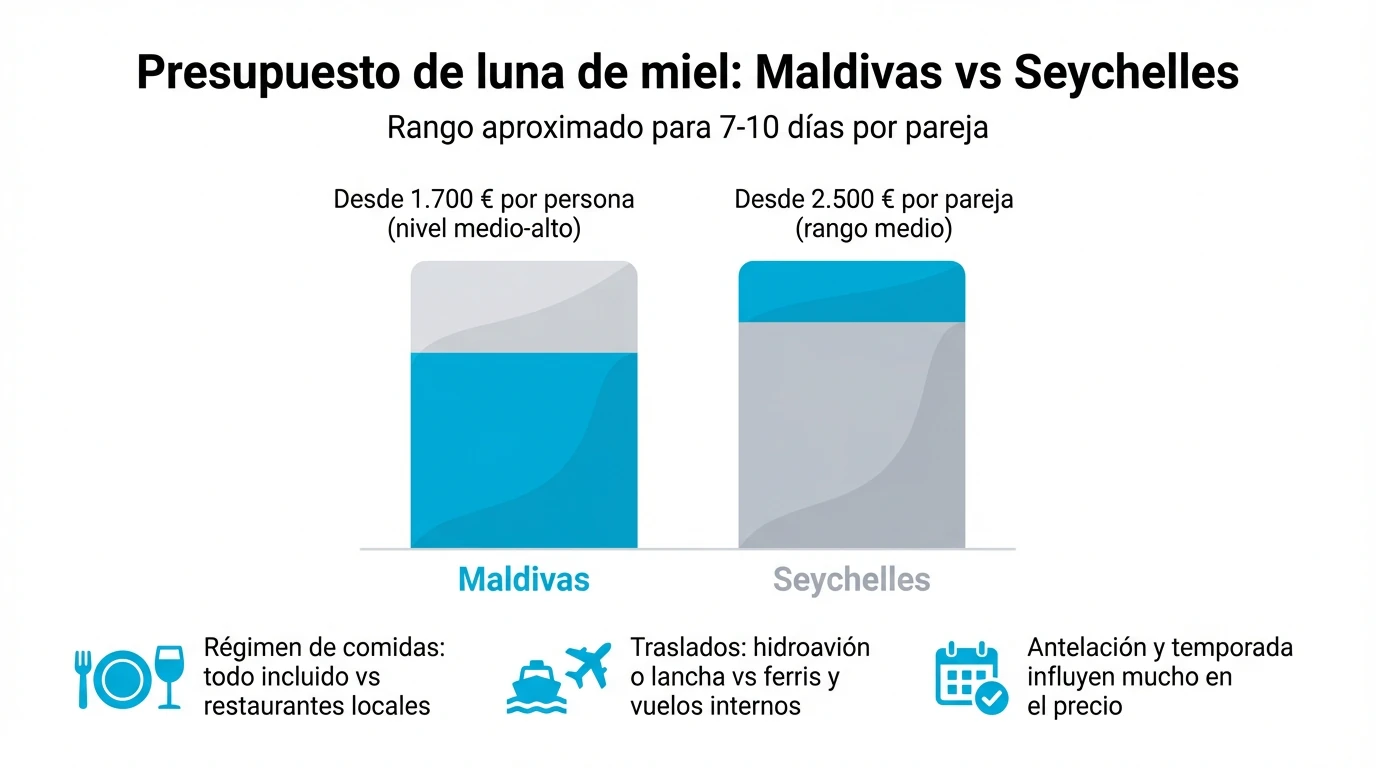 Gráfico de barras que compara de forma orientativa el presupuesto de una luna de miel en Maldivas y en Seychelles.