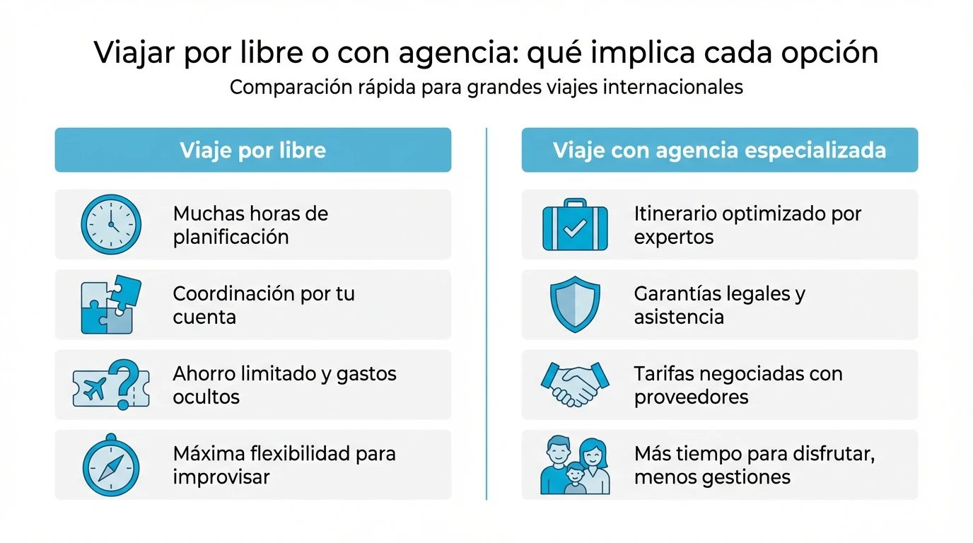 Infografía comparativa sobre viajar por libre o con agencia en grandes viajes internacionales.