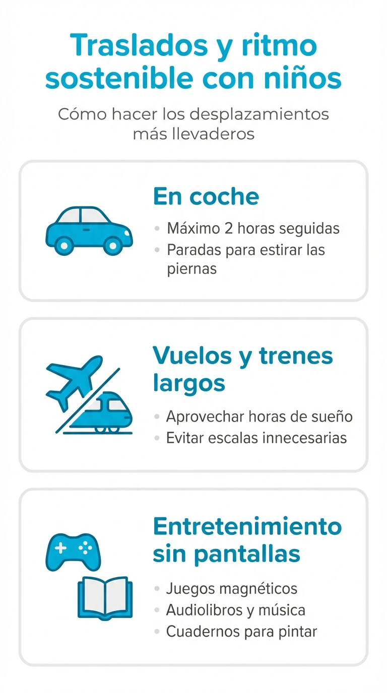 Infografía con consejos para organizar traslados en viajes con niños y mantener un ritmo cómodo.