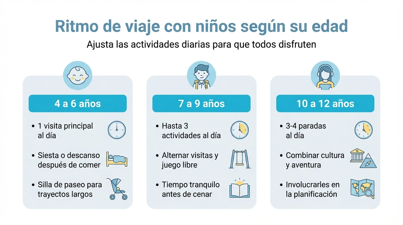 Infografía con recomendaciones de ritmo diario de viaje con niños según su edad.