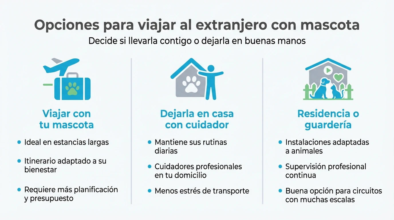 Infografía que compara distintas opciones para organizar un viaje al extranjero con mascota o dejarla al cuidado de profesionales.