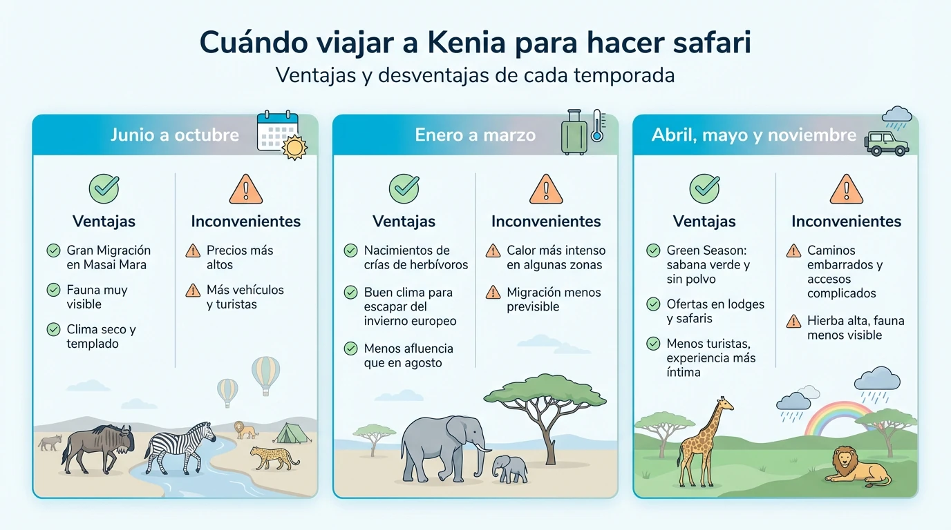 Infografía que compara las distintas temporadas del año para viajar a Kenia de safari
