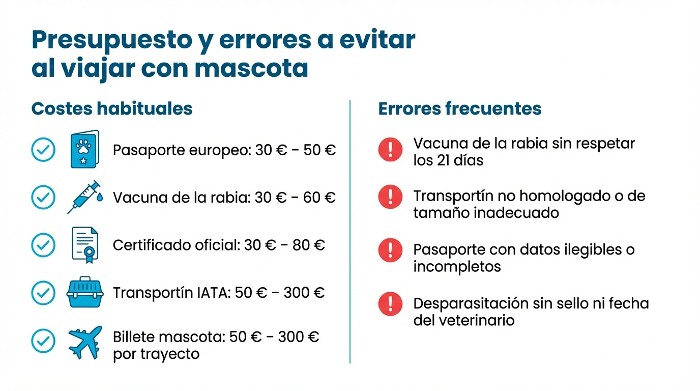 Infografía que resume los costes aproximados y los errores más frecuentes al viajar al extranjero con una mascota.