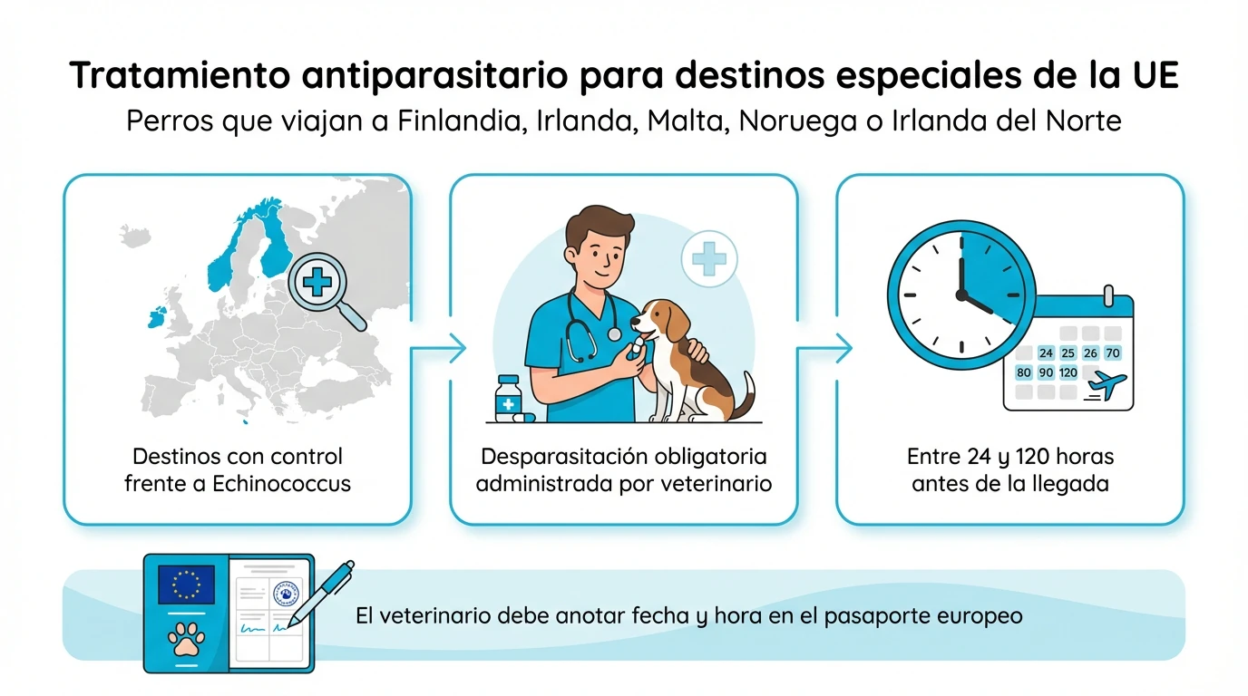Infografía sobre el tratamiento antiparasitario obligatorio para perros que viajan a ciertos países de la Unión Europea.