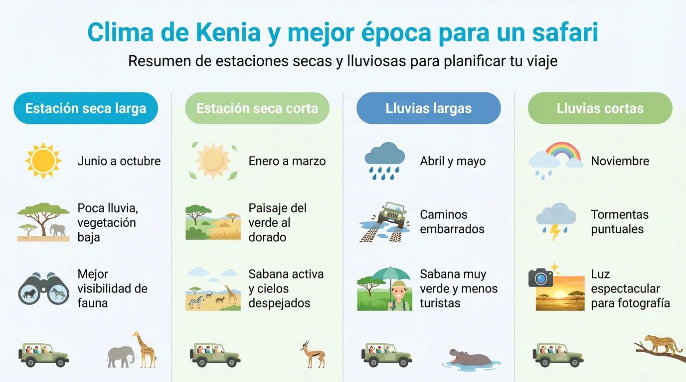 Infografía sobre las estaciones secas y lluviosas en Kenia y su impacto en los safaris