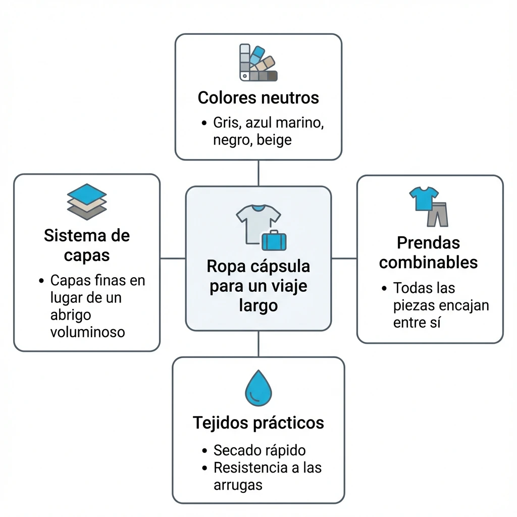 Cómo preparar la maleta para un viaje largo sin facturar de más Diagrama del método de ropa cápsula aplicado a un viaje largo